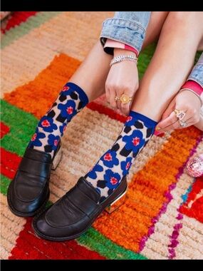 Sock Candy Bold Blue Floral Sheer Crew Sock. Price firm.